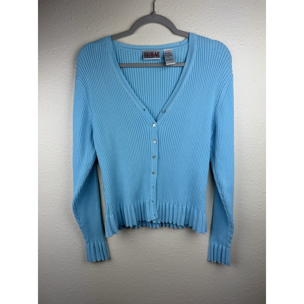 Y2K Vintage Women's Button Up Cotton Ribbed Cardigan Ruffle Hem Aqua Blue Top